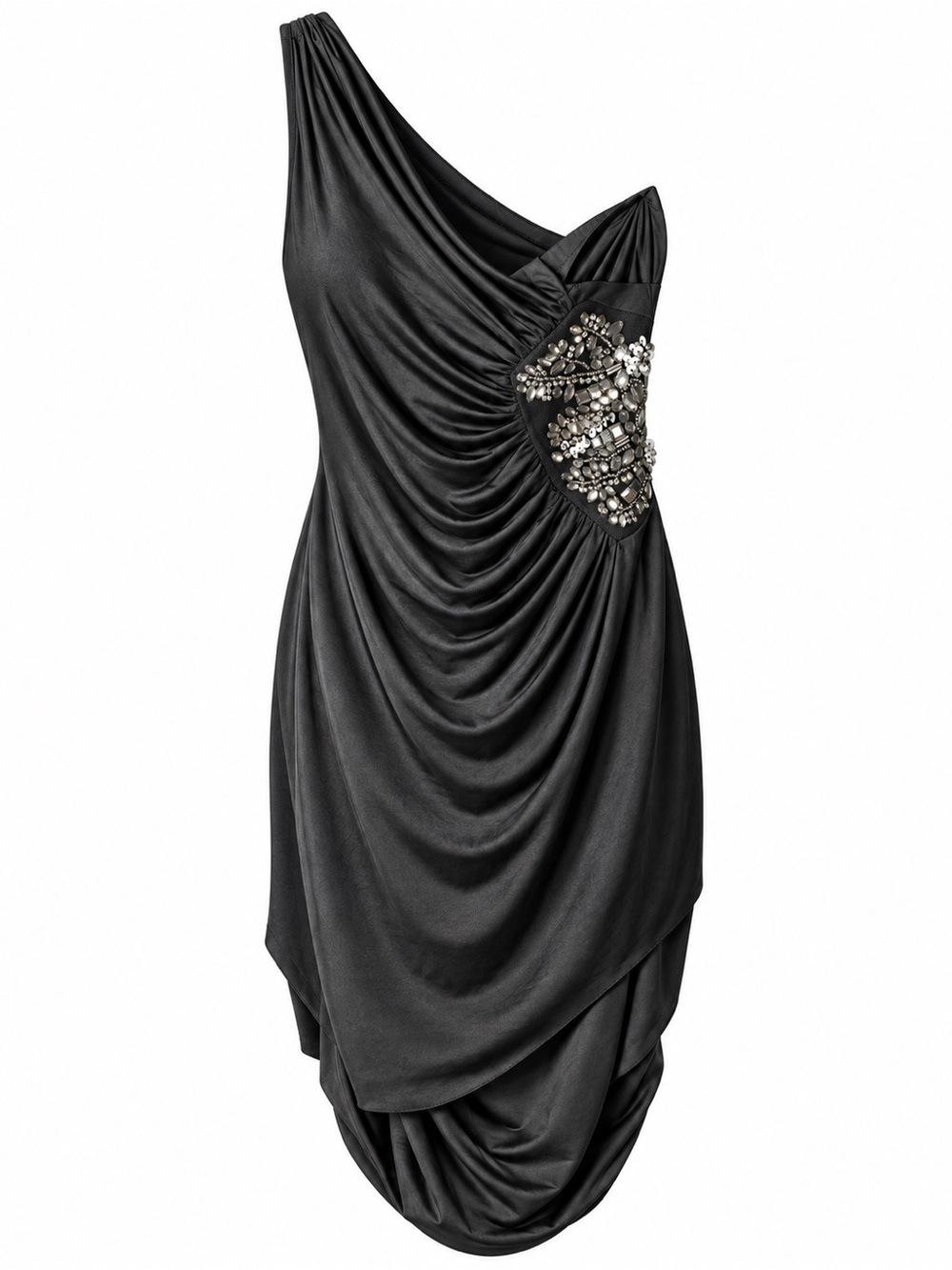 GBG Los Angeles Black One-Shoulder Draped Dress with Side Embellishment